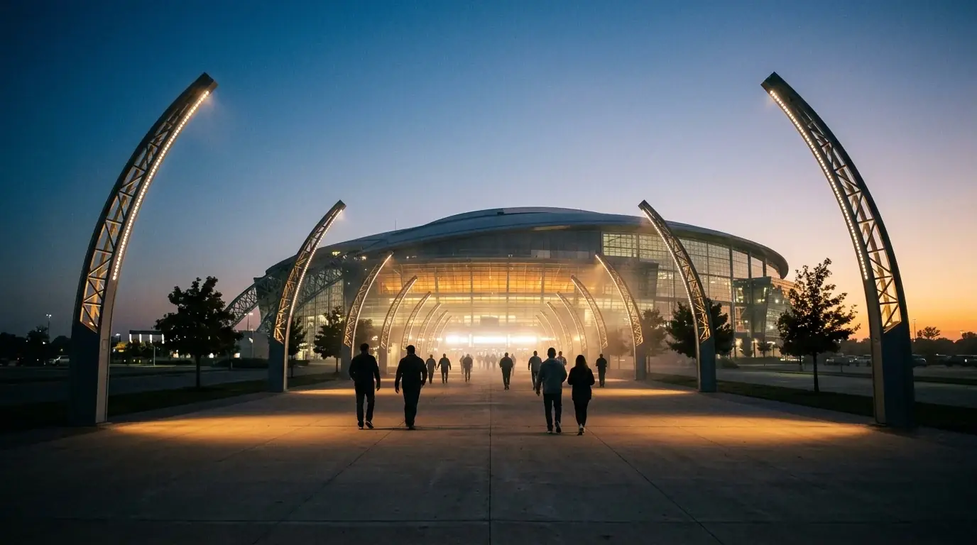 Modern stadion külseje a Anglia–Ghána meccs előtti órákban