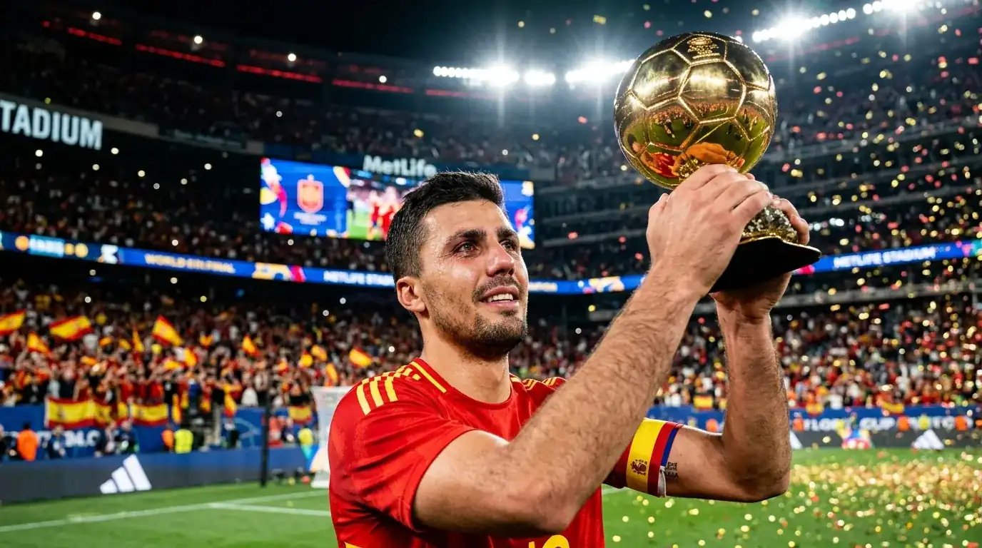 Rodri, a spanyol középpályás és csapatkapitány felemeli az Aranylabda-díjat a MetLife Stadionban, a 2026-os vb döntője után.