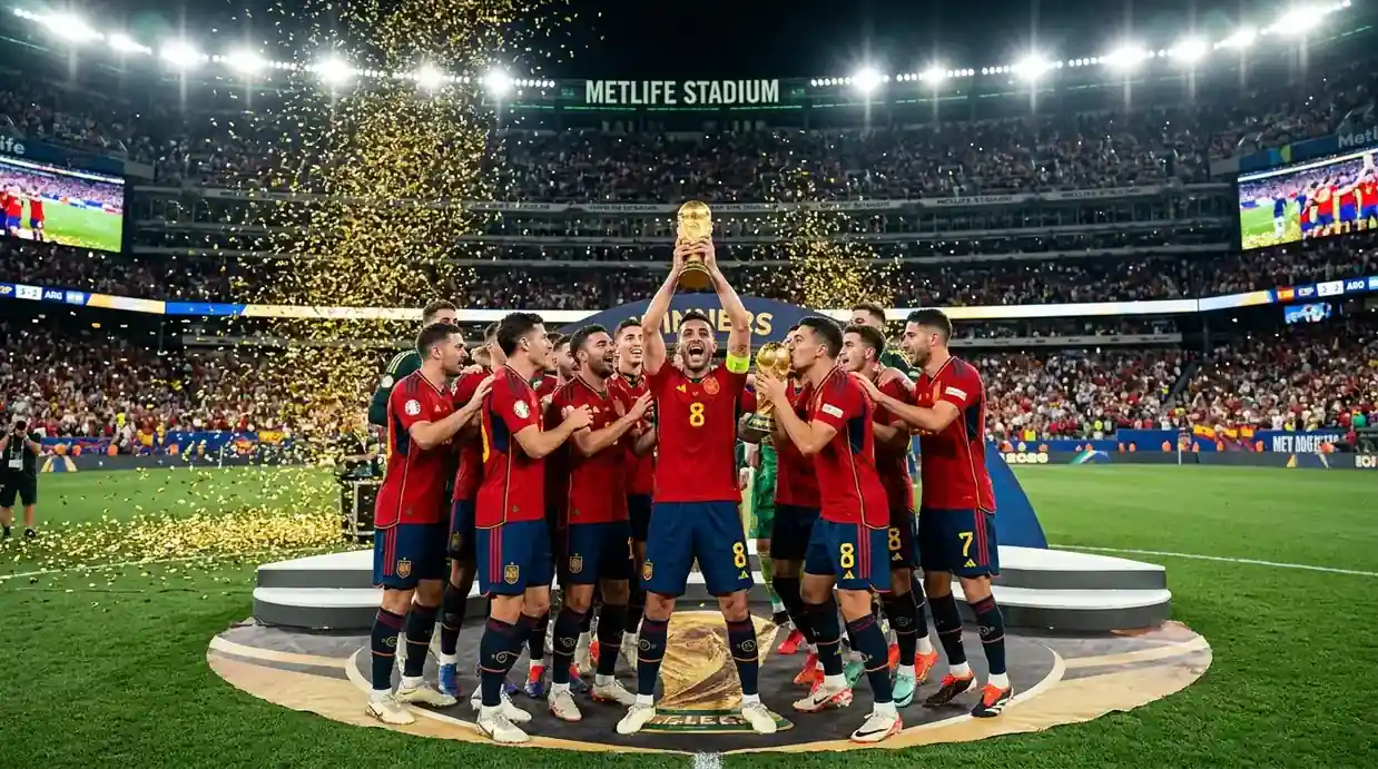 A vb-döntő ünneplése: spanyol játékosok a MetLife Stadion gyepén, Ferran Torres a hős.